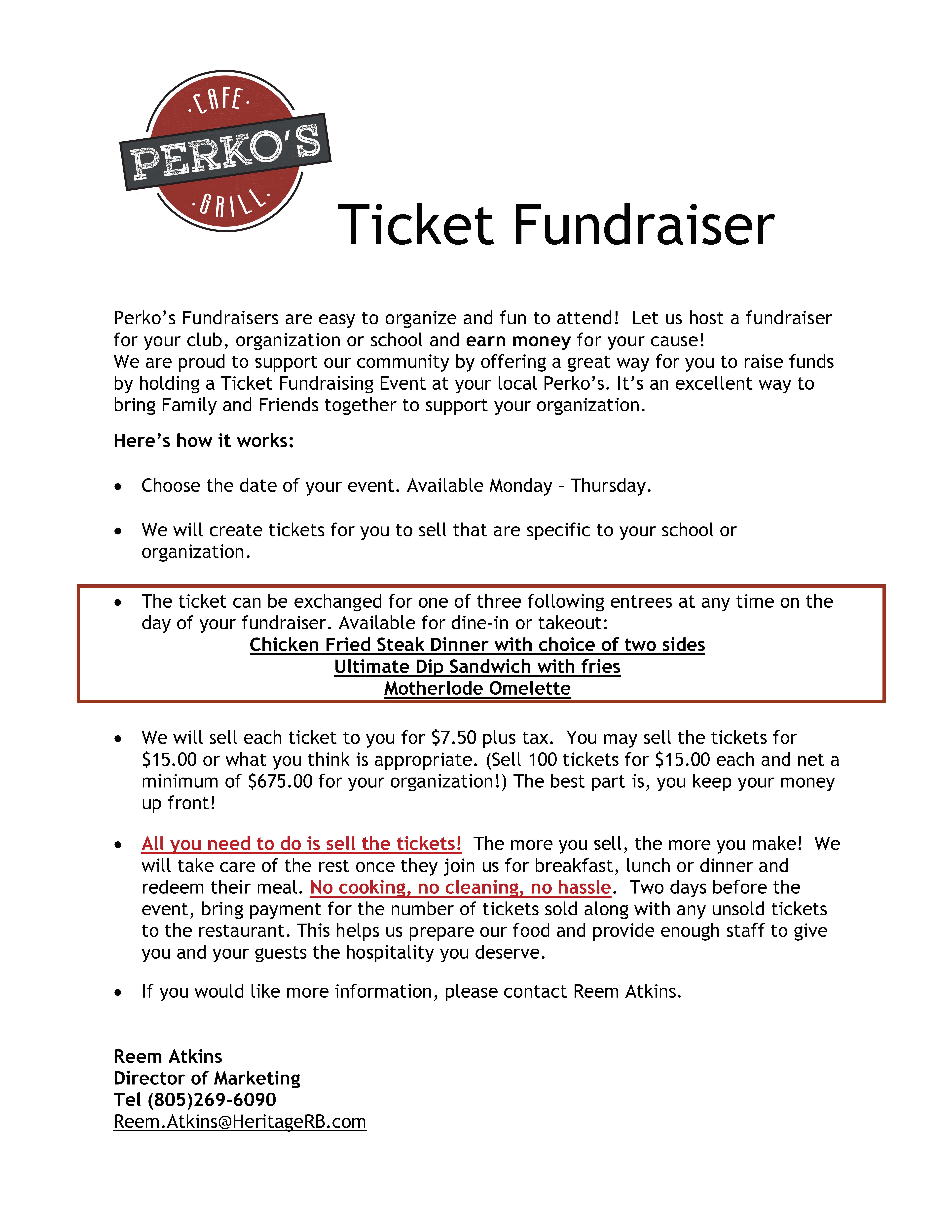 A flyer with information on Perko's ticket fundraiser